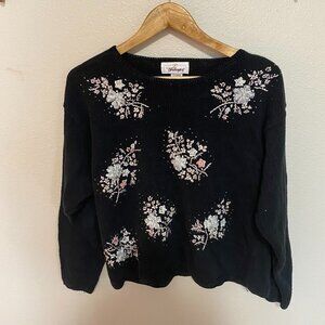 Women's XL Black Floral Sweater w/ Embroidered Florals Cotton Blend Grandmacore